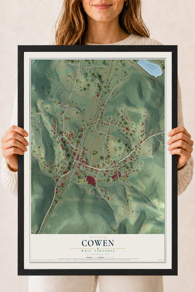 Map of Cowen, West Virginia, 18 x 24 inch print in a black wood frame