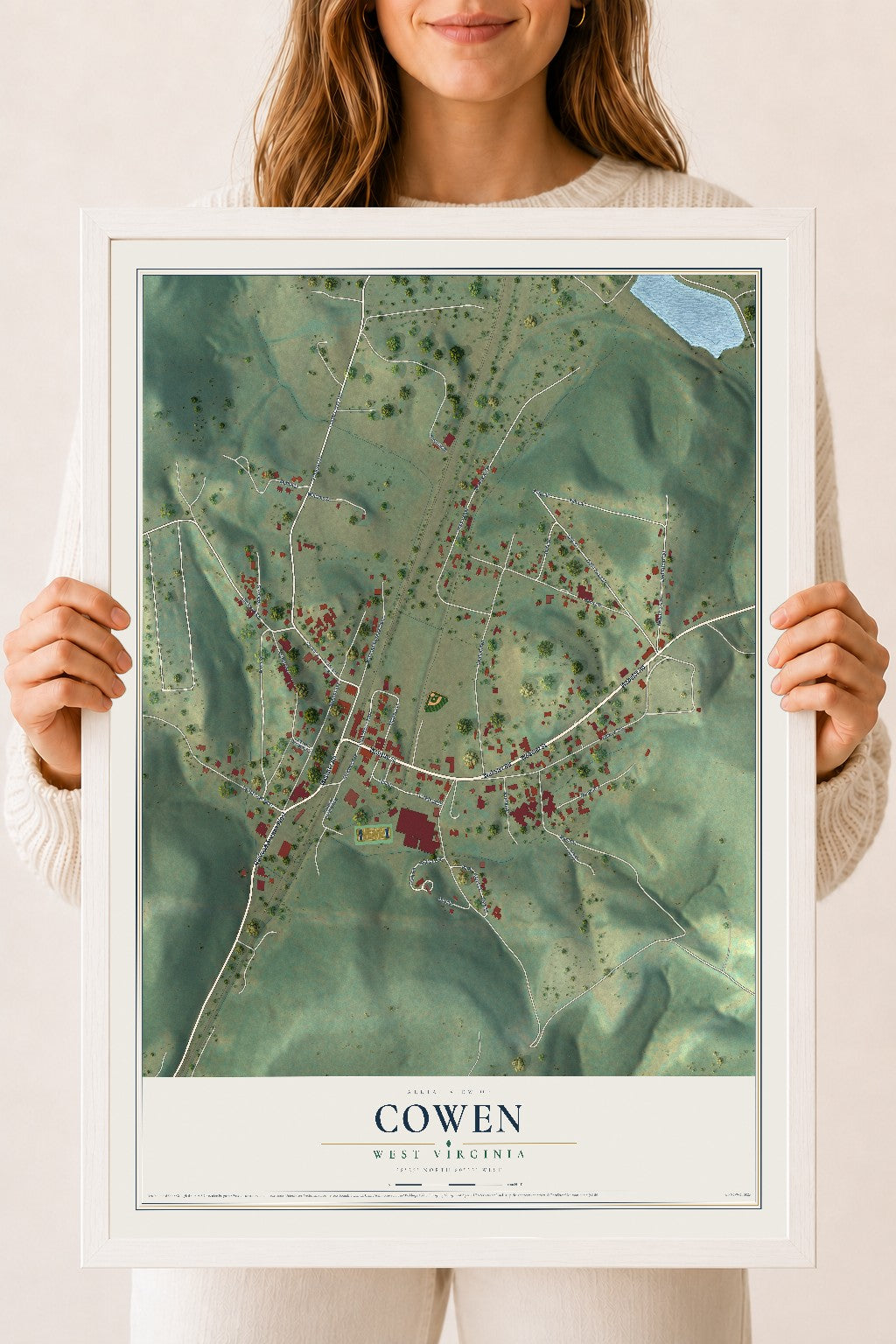 Map of Cowen, West Virginia, 18 x 24 inch print in a white wood frame