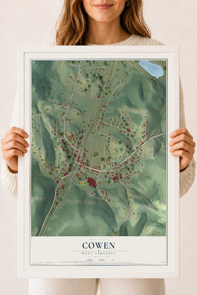 Map of Cowen, West Virginia, 18 x 24 inch print in a white wood frame