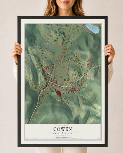 Map of Cowen, West Virginia, 24 x 36 inch print in a black wood frame