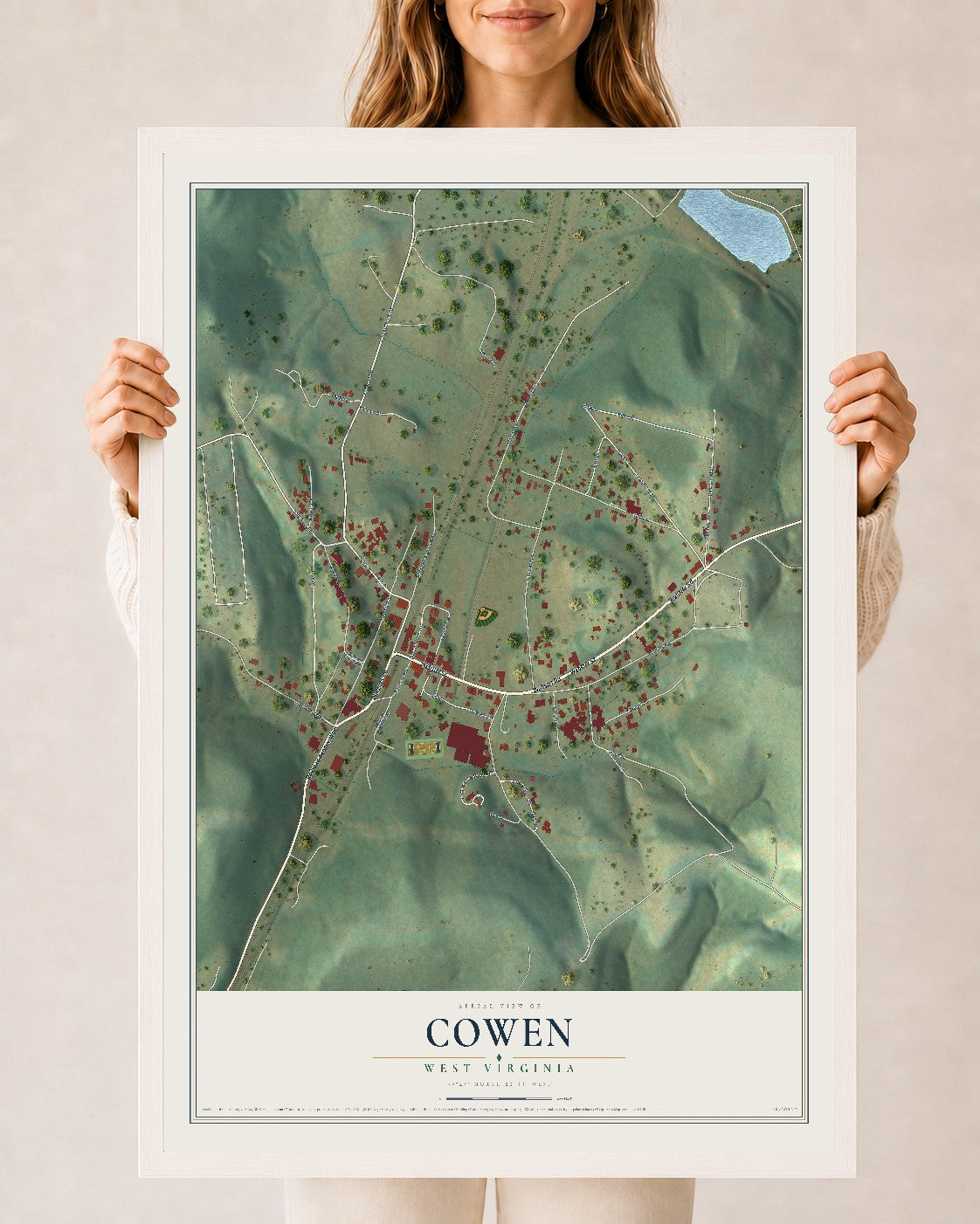 Map of Cowen, West Virginia, 24 x 36 inch print in a white wood frame