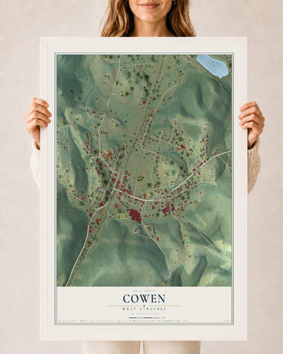 Map of Cowen, West Virginia, 24 x 36 inch print in a white wood frame