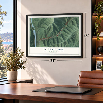 Crooked Creek, West Virginia map, 18 x 24 inch print in a black frame in a home office