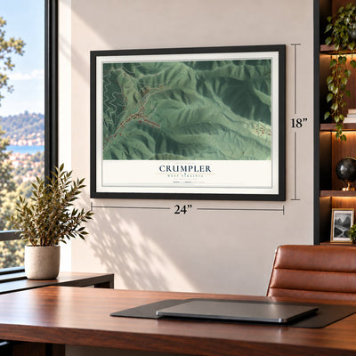 Crumpler, West Virginia map, 18 x 24 inch print in a black frame in a home office