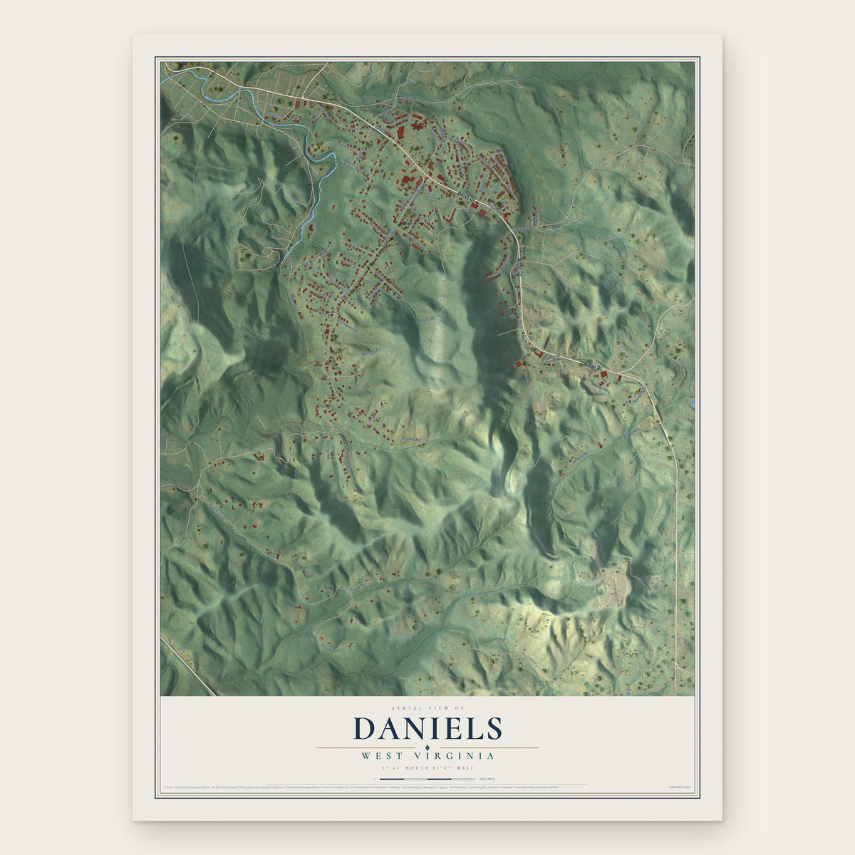 Daniels, West Virginia map print, the full design