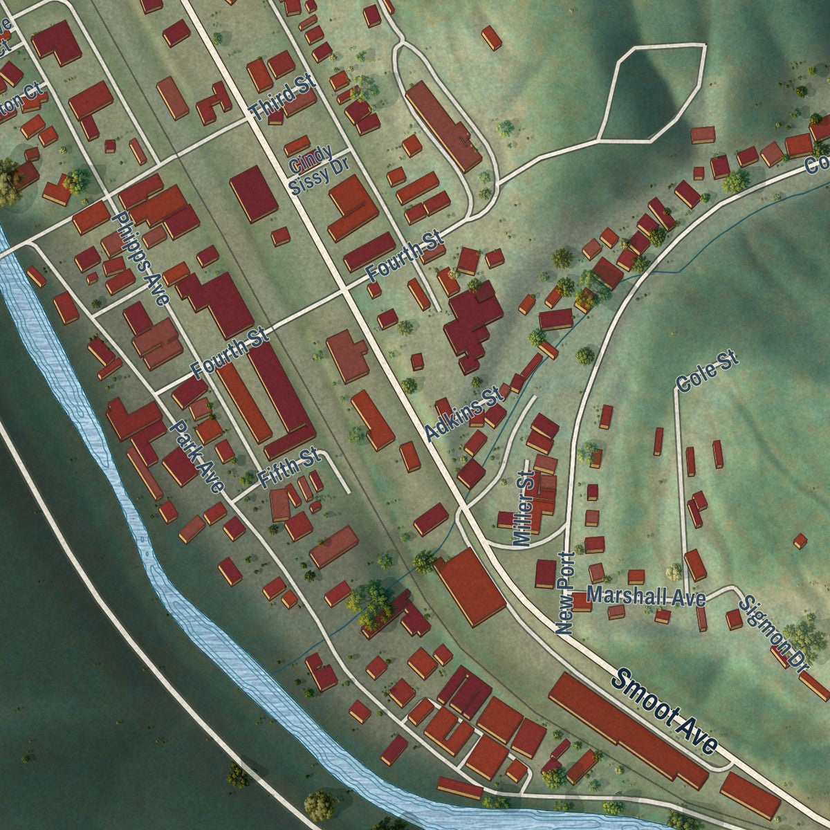 Close-up of the map of Danville, West Virginia print showing street and building detail