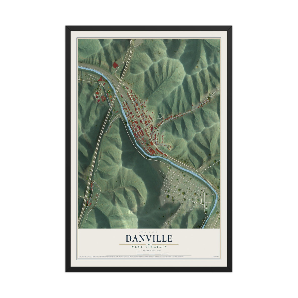 Map of Danville, West Virginia, 12 x 18 inch print in a black wood frame