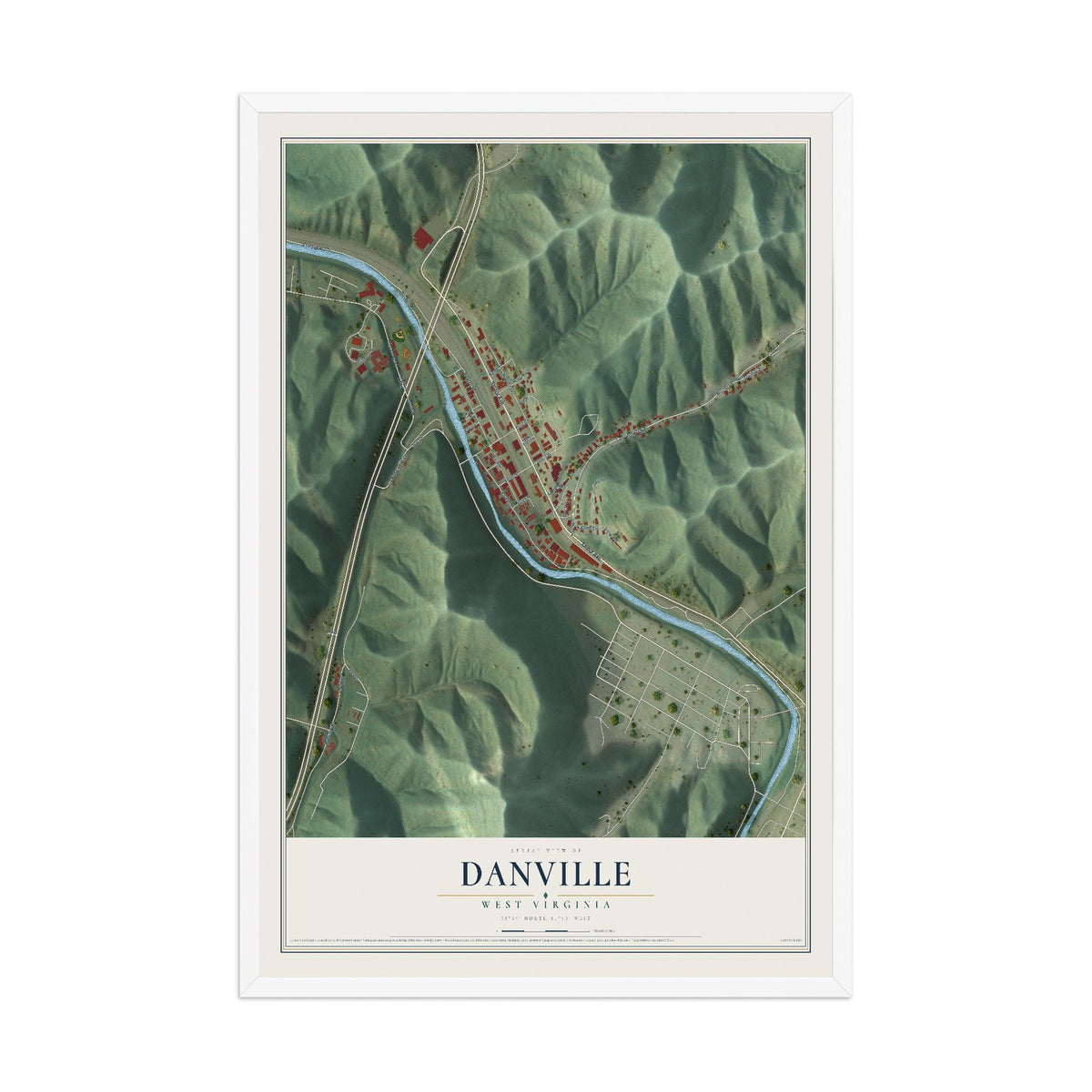 Map of Danville, West Virginia, 12 x 18 inch print in a white wood frame