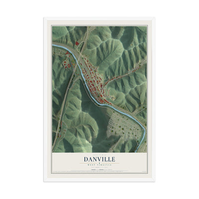 Map of Danville, West Virginia, 12 x 18 inch print in a white wood frame