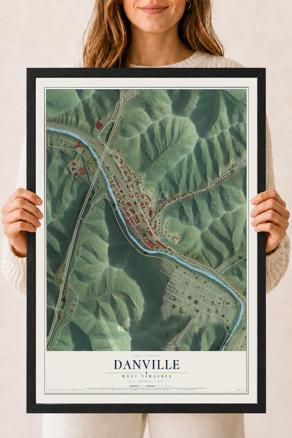 Map of Danville, West Virginia, 18 x 24 inch print in a black wood frame