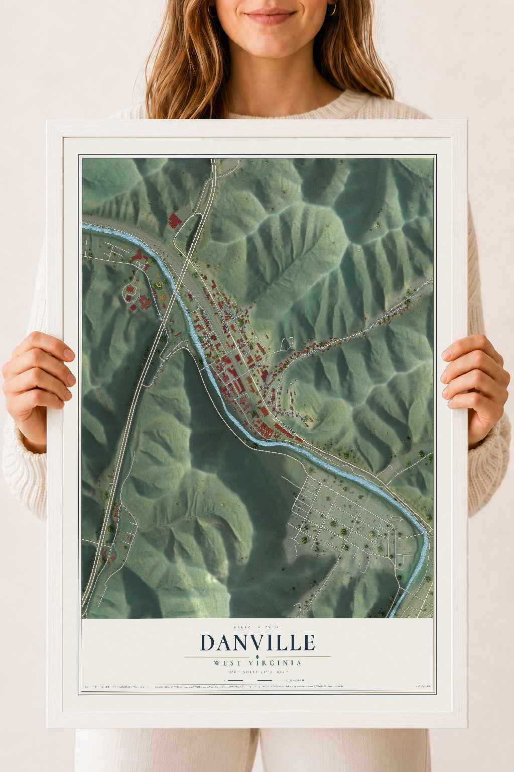 Map of Danville, West Virginia, 18 x 24 inch print in a white wood frame
