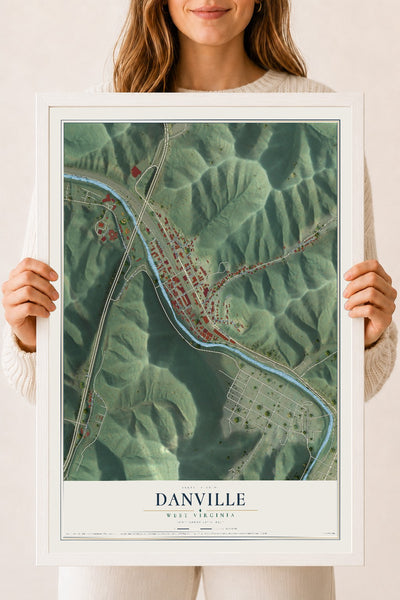 Map of Danville, West Virginia, 18 x 24 inch print in a white wood frame
