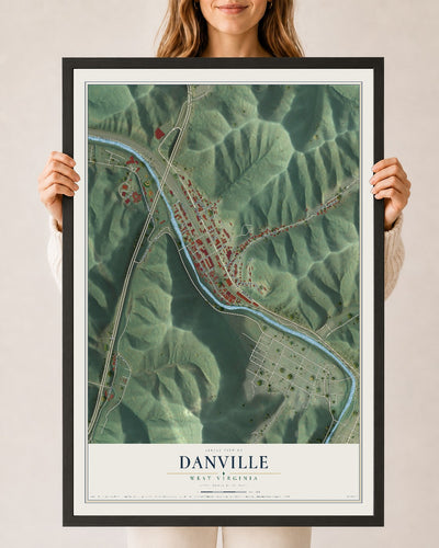 Map of Danville, West Virginia, 24 x 36 inch print in a black wood frame