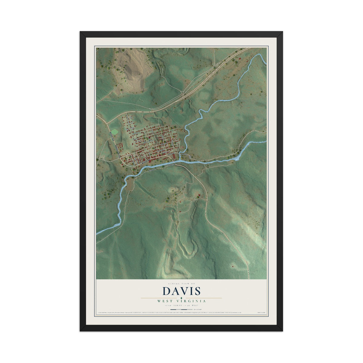 Map of Davis, West Virginia, 12 x 18 inch print in a black wood frame
