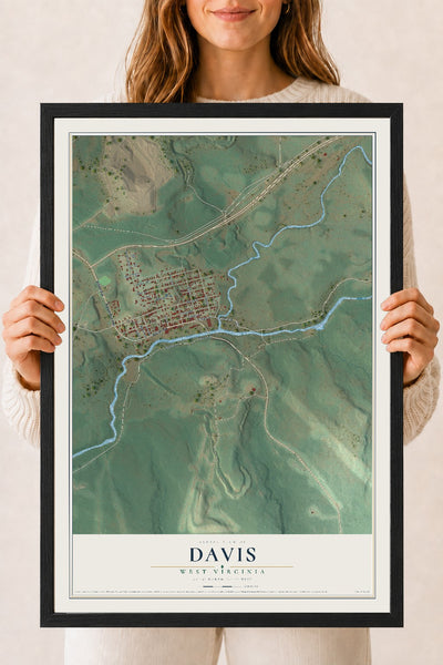 Map of Davis, West Virginia, 18 x 24 inch print in a black wood frame