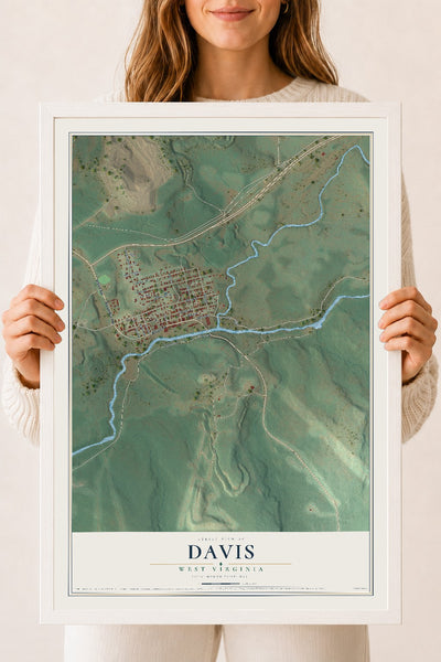 Map of Davis, West Virginia, 18 x 24 inch print in a white wood frame