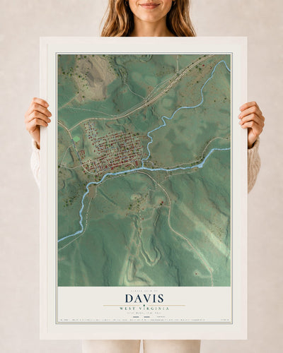 Map of Davis, West Virginia, 24 x 36 inch print in a white wood frame