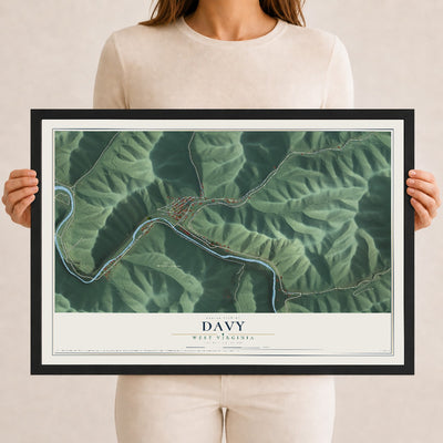 Map of Davy, West Virginia, 12 x 18 inch print in a black wood frame