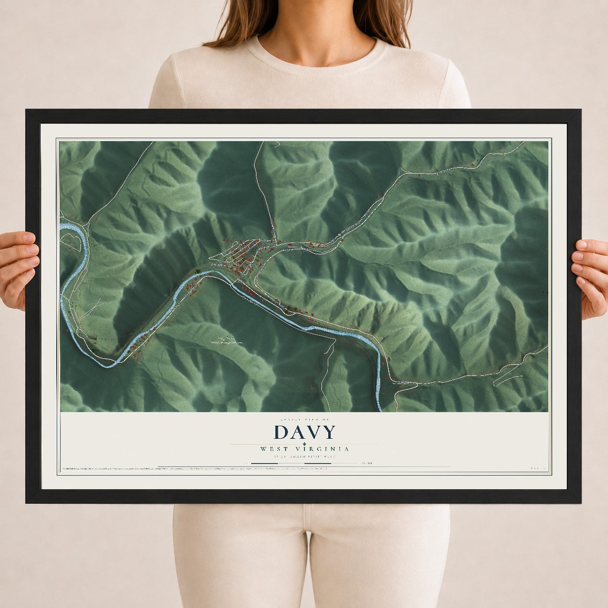 Map of Davy, West Virginia, 18 x 24 inch print in a black wood frame