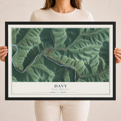 Map of Davy, West Virginia, 18 x 24 inch print in a black wood frame