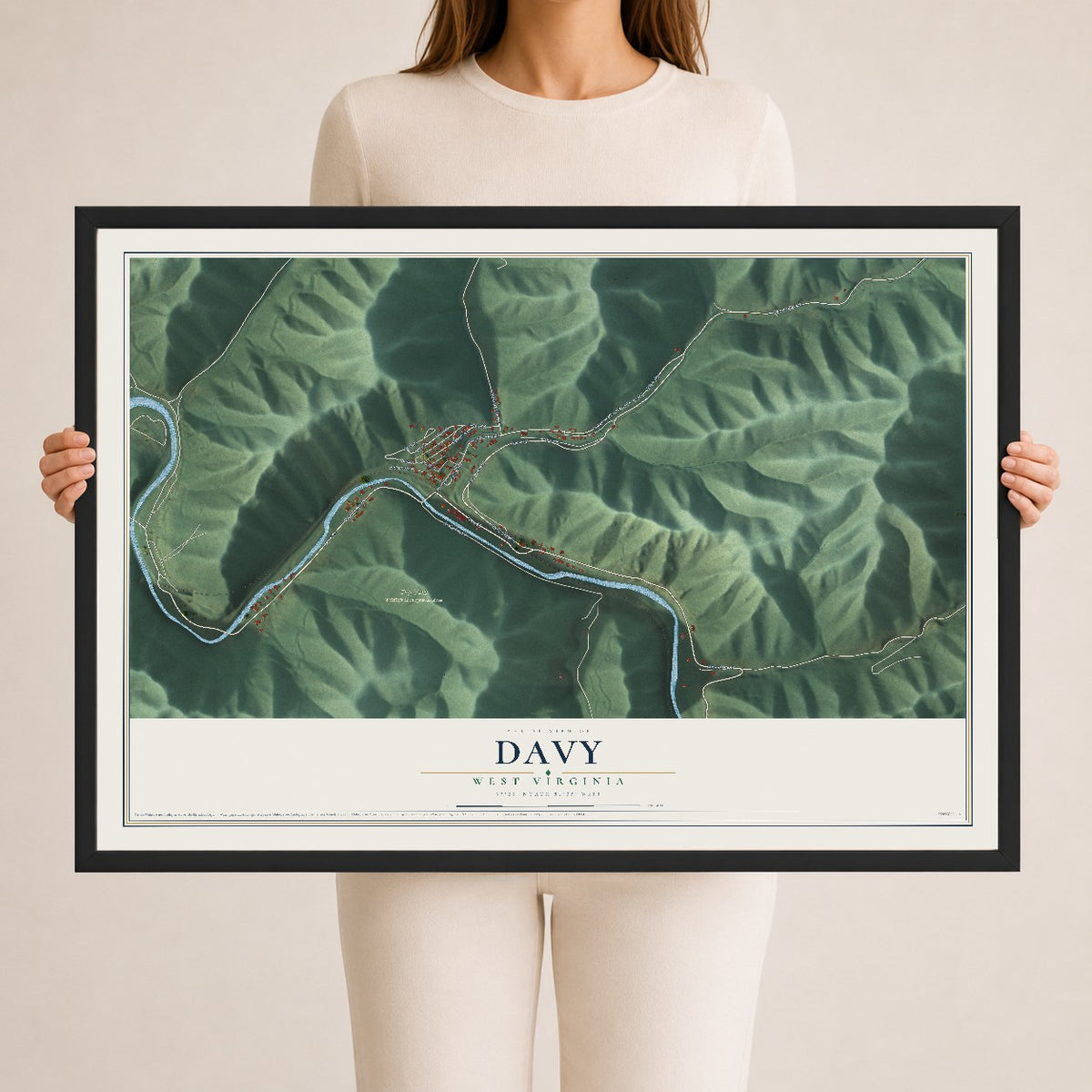Map of Davy, West Virginia, 24 x 36 inch print in a black wood frame