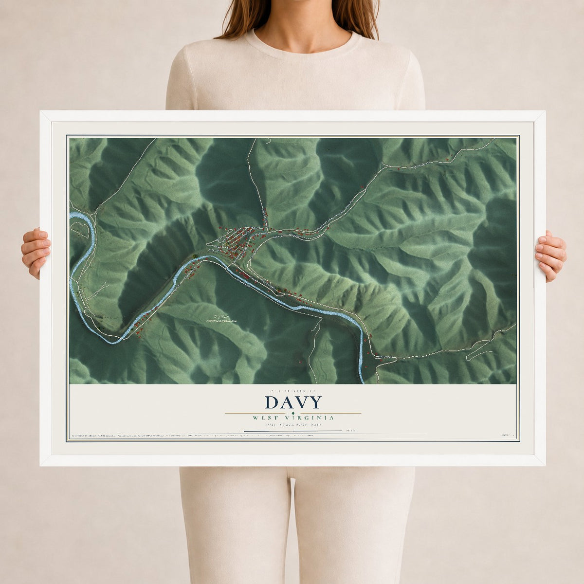 Map of Davy, West Virginia, 24 x 36 inch print in a white wood frame