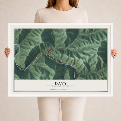 Map of Davy, West Virginia, 24 x 36 inch print in a white wood frame