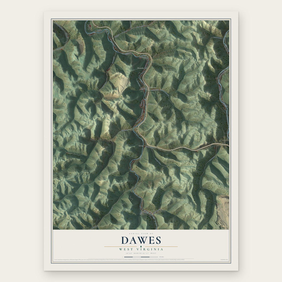 Dawes, West Virginia map print, the full design