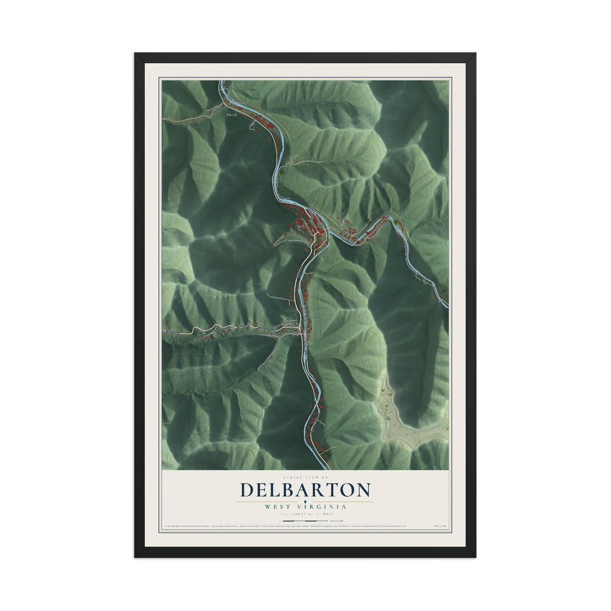Map of Delbarton, West Virginia, 12 x 18 inch print in a black wood frame