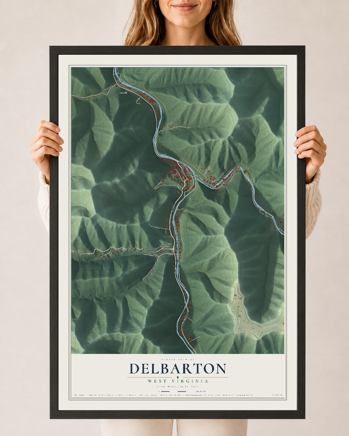 Map of Delbarton, West Virginia, 24 x 36 inch print in a black wood frame