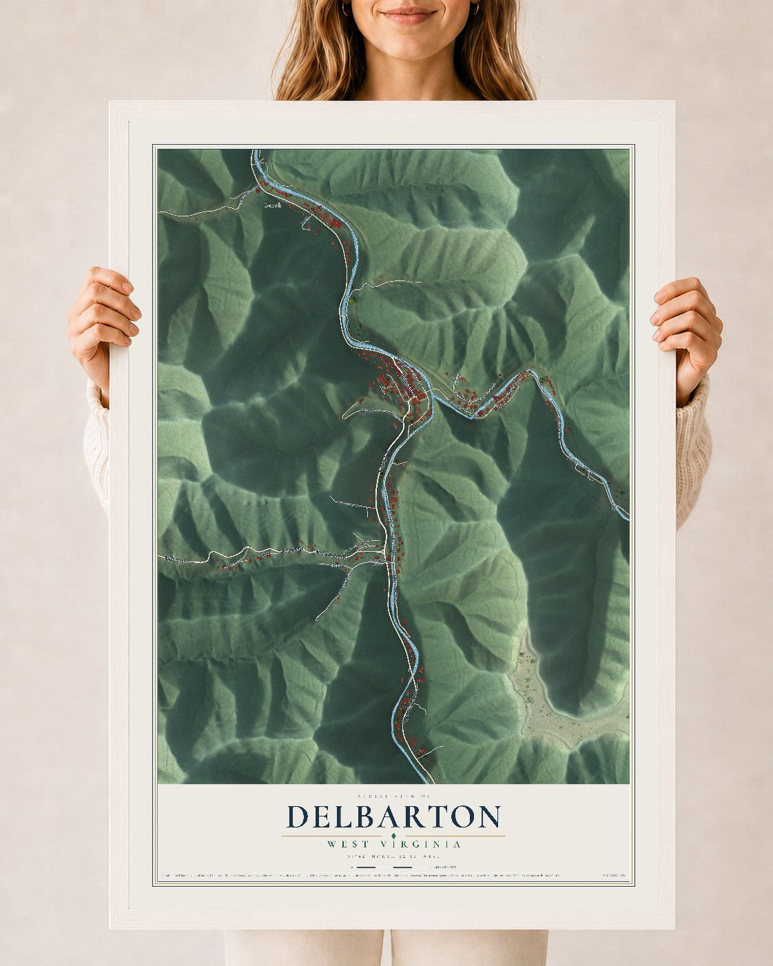 Map of Delbarton, West Virginia, 24 x 36 inch print in a white wood frame