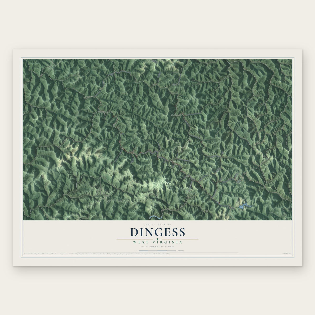 Dingess, West Virginia map print, the full design