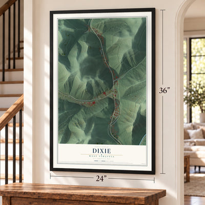 Dixie, West Virginia map, 24 x 36 inch print in a black frame by a staircase