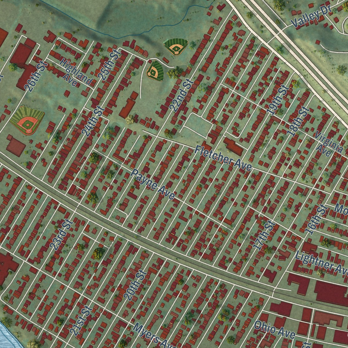 Close-up of the map of Dunbar, West Virginia print showing street and building detail