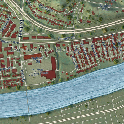 Second close-up of the map of Dunbar, West Virginia print showing more streets and buildings