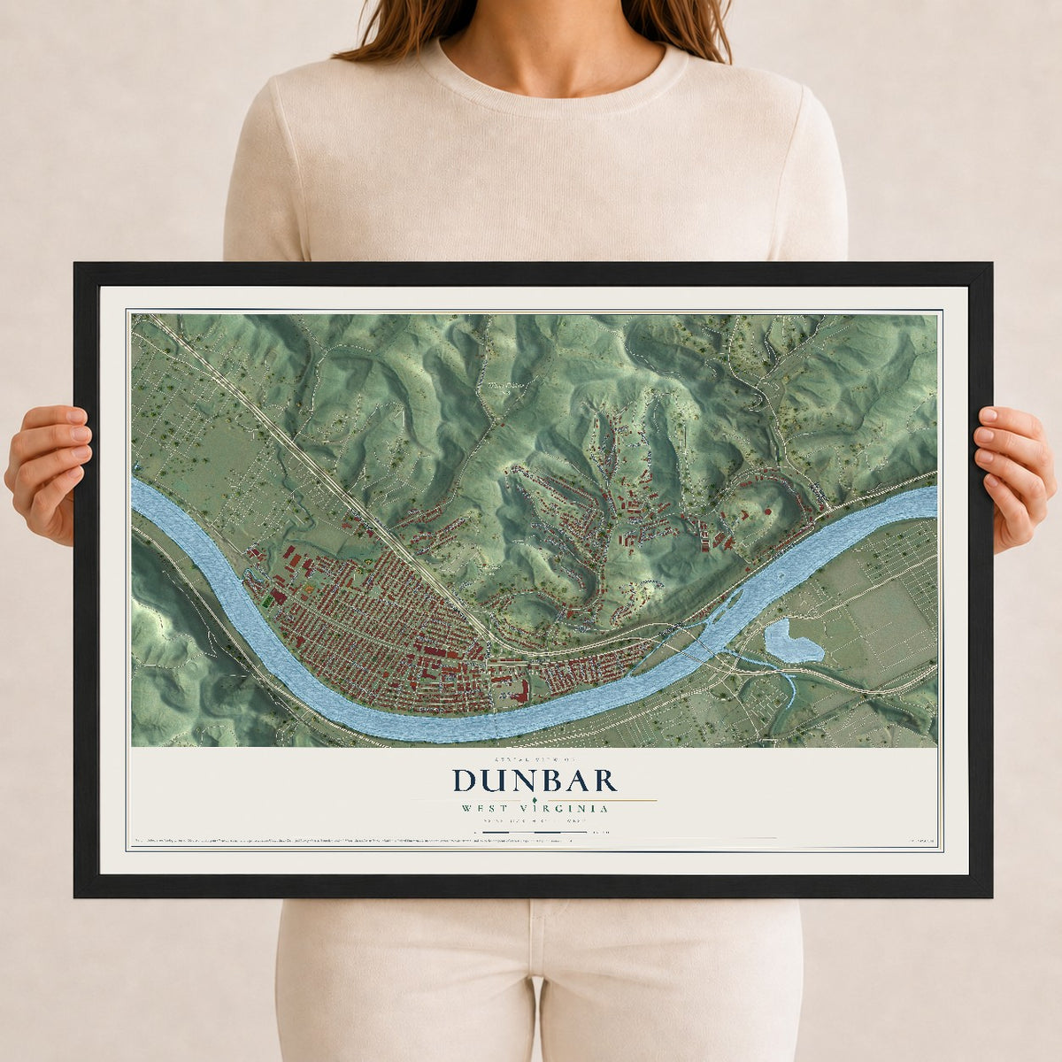 Map of Dunbar, West Virginia, 12 x 18 inch print in a black wood frame