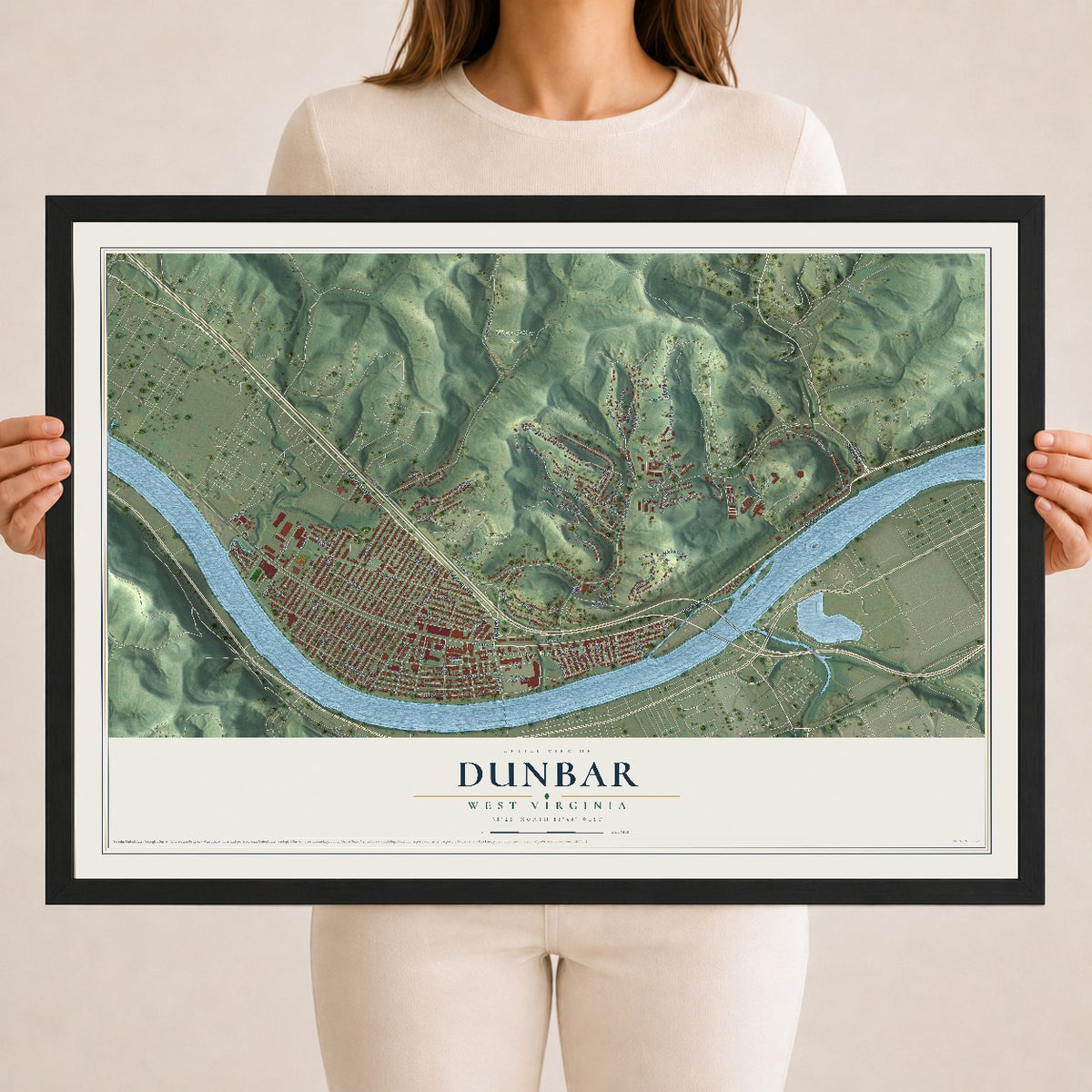 Map of Dunbar, West Virginia, 18 x 24 inch print in a black wood frame