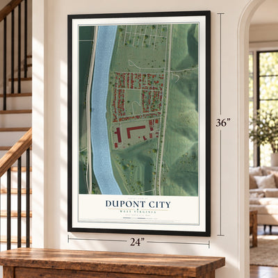 Dupont City, West Virginia map, 24 x 36 inch print in a black frame by a staircase
