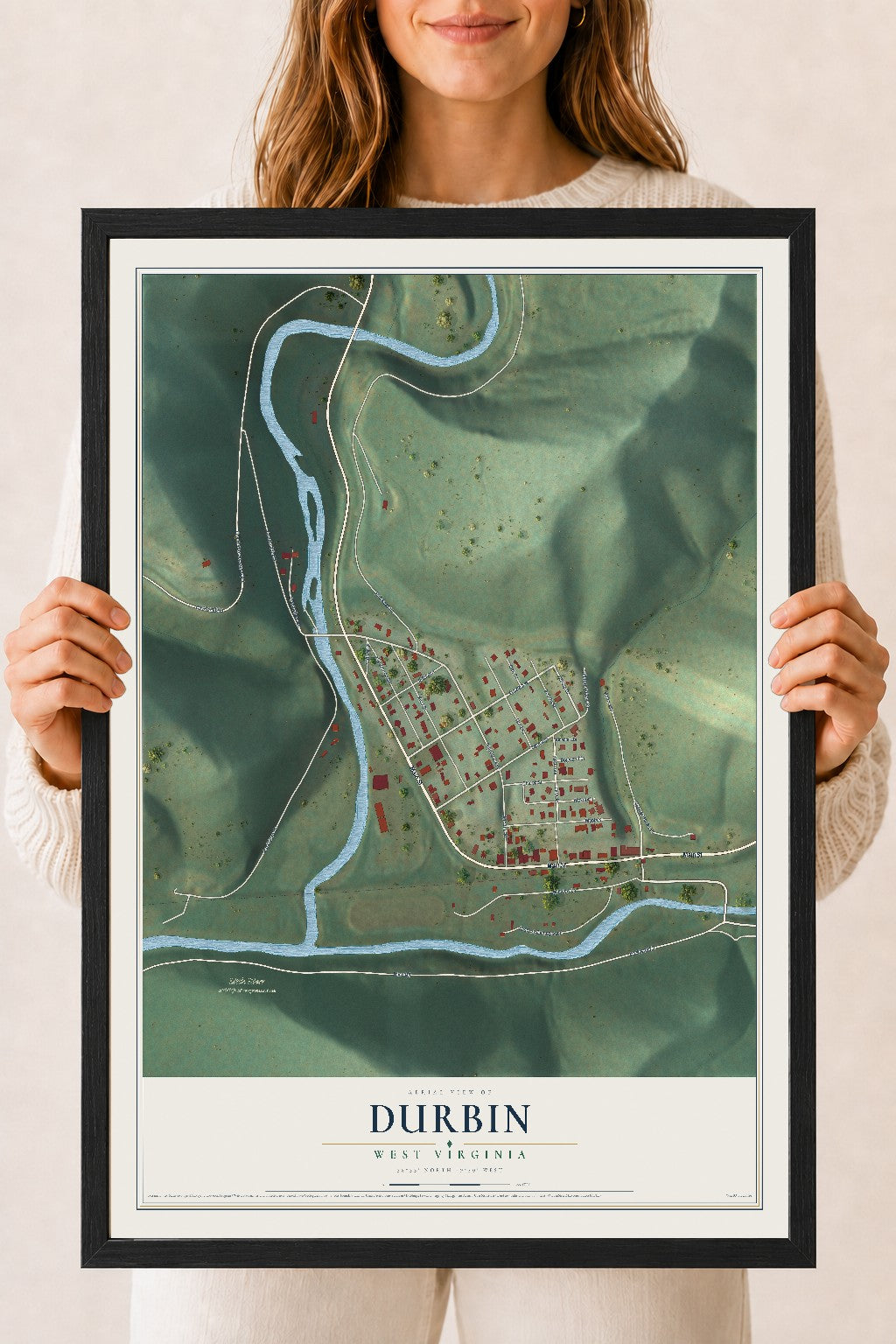 Map of Durbin, West Virginia, 18 x 24 inch print in a black wood frame