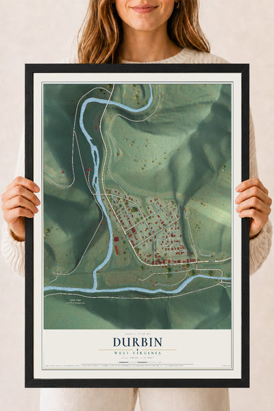 Map of Durbin, West Virginia, 18 x 24 inch print in a black wood frame