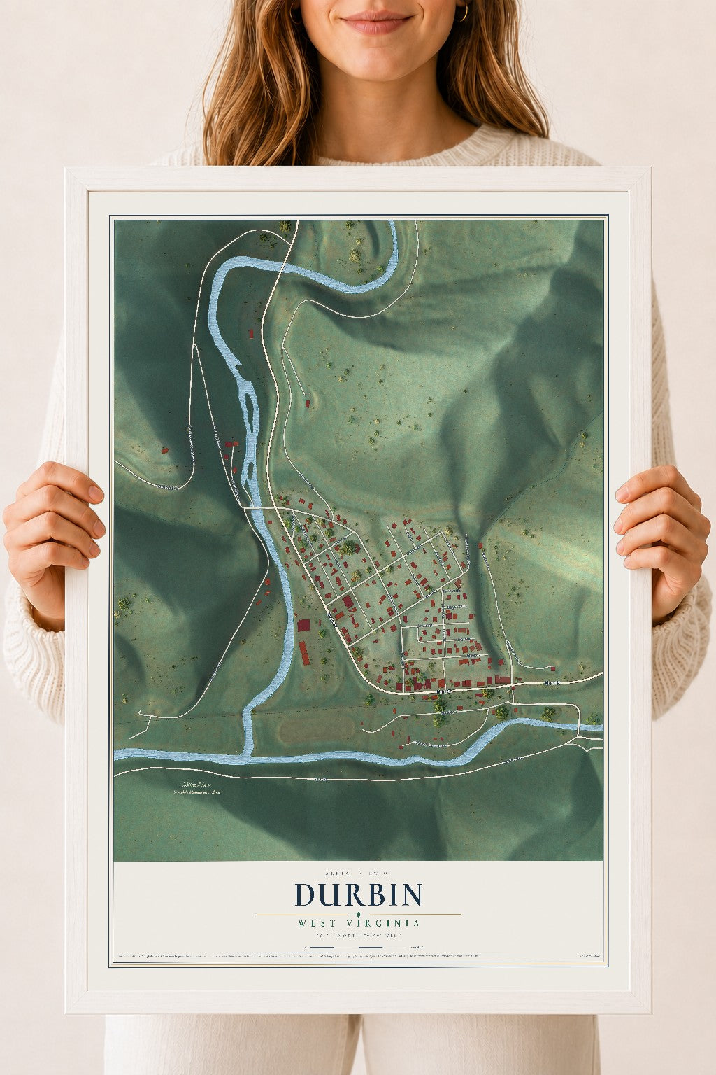 Map of Durbin, West Virginia, 18 x 24 inch print in a white wood frame