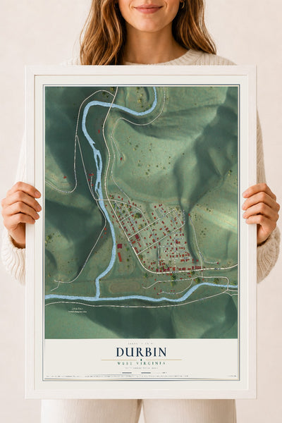 Map of Durbin, West Virginia, 18 x 24 inch print in a white wood frame