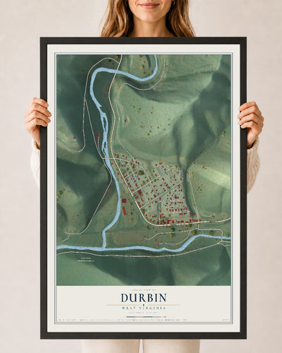 Map of Durbin, West Virginia, 24 x 36 inch print in a black wood frame