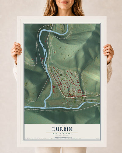 Map of Durbin, West Virginia, 24 x 36 inch print in a white wood frame
