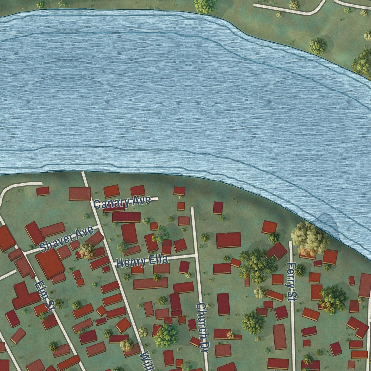 Second close-up of the map of East Bank, West Virginia print showing more streets and buildings