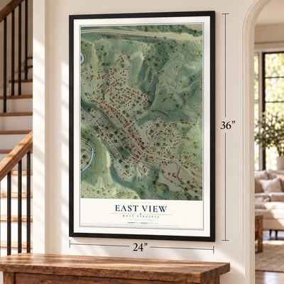 East View, West Virginia map, 24 x 36 inch print in a black frame by a staircase