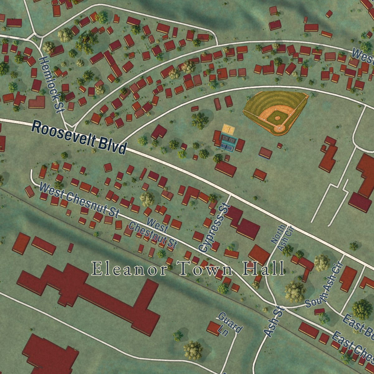 Close-up of the map of Eleanor, West Virginia print showing street and building detail