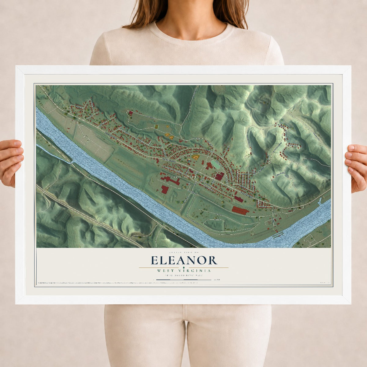 Map of Eleanor, West Virginia, 18 x 24 inch print in a white wood frame