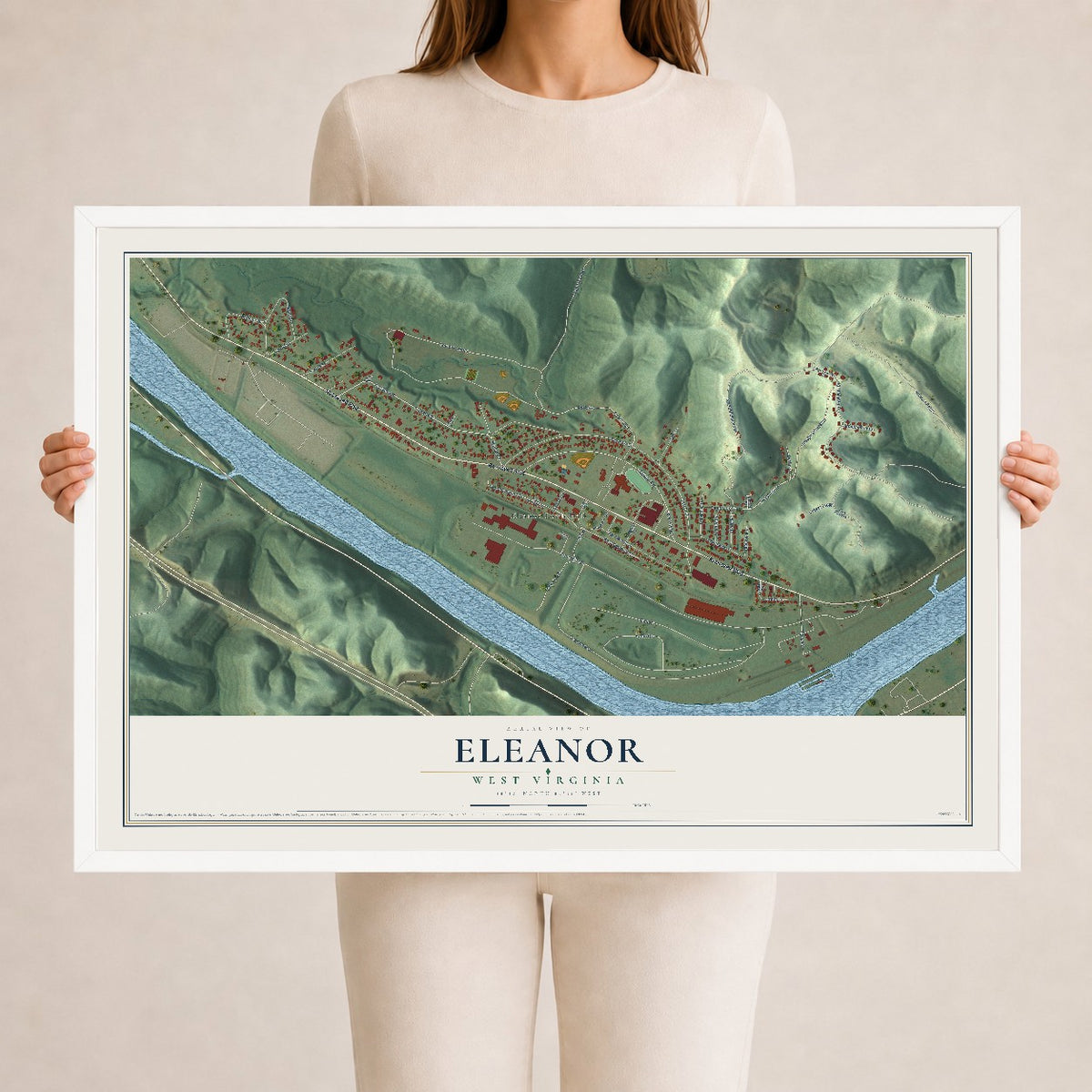 Map of Eleanor, West Virginia, 24 x 36 inch print in a white wood frame