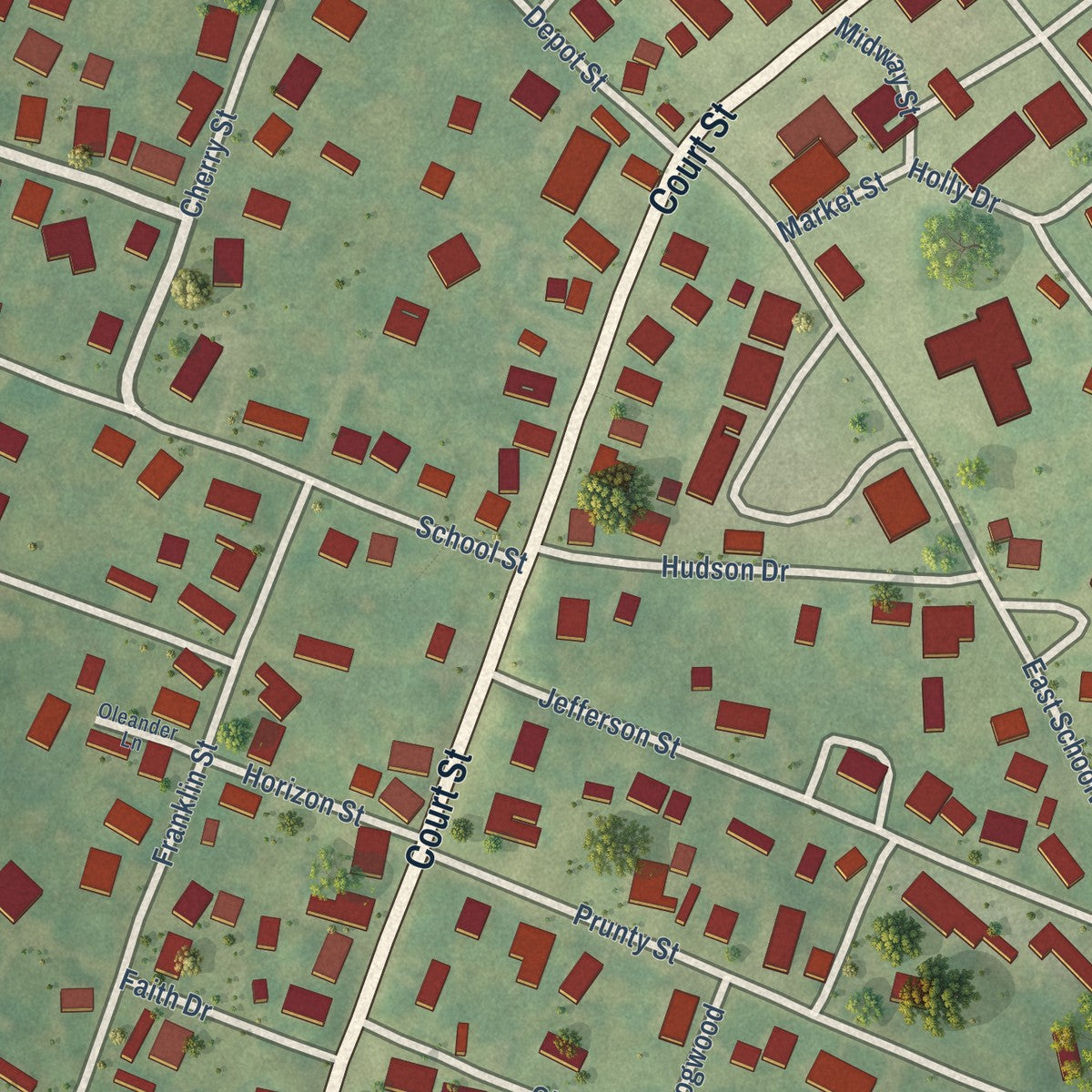 Close-up of the map of Elizabeth, West Virginia print showing street and building detail